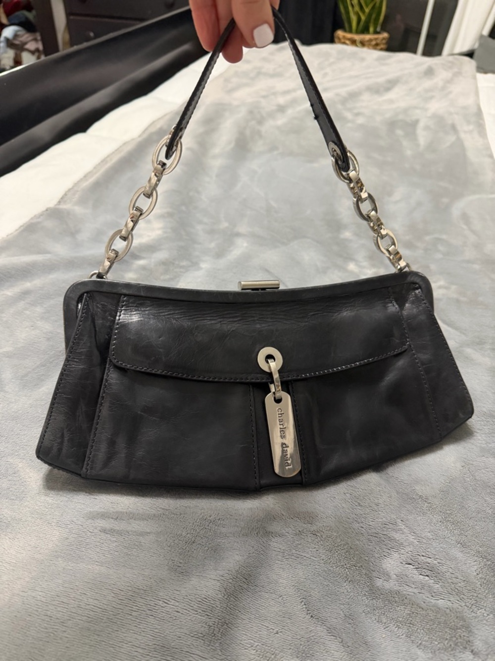 Charles David Black Leather Clutch with Silver Hardware